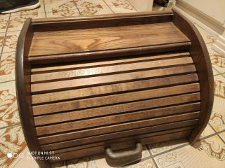 Vintage Cornwall Bread Box Solid Oak Wood Roll Up Shelf 15 X 10 X 10 " Cabinet
