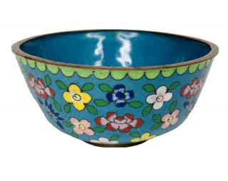 Antique Chinese Cloisonne Small Bowl Blue With Flowers