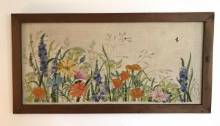 Huge 44x23 " 60s/70s Framed Vintage Crewel Floral Wildflower Embroidery Gorgeous