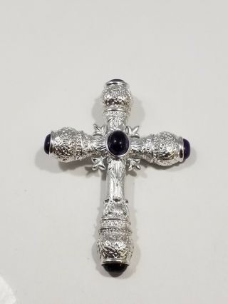 Vintage Large Heavy.  925 Sterling Silver / Cabachon Amethyst Cross (33 Grams)