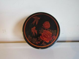Antique Oriental Black & Red Lacquered Hand Painted Trinket Storage Box Pot