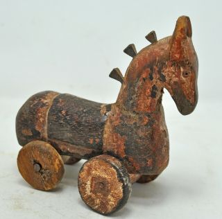 Vintage Wooden Horse On Wheels Figurine Old Hand Carved Painted