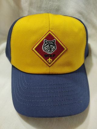 Bsa Boy Cub Scout Cap Hat Twill Blue Gold Wolf Patch Youth M/l Adjustable