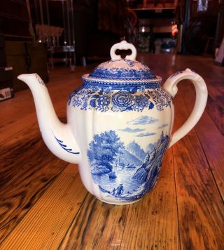 Vintage Mettlach Villeroy & Boch Burgenland Tea Pot With Lid Germany Blue On Wh