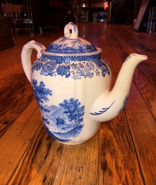 Vintage METTLACH VILLEROY & BOCH BURGENLAND TEA POT With LID GERMANY BLUE ON WH 2