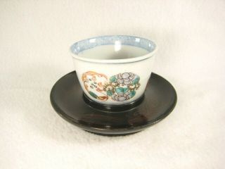 Antique Japanese C.  1890 Black & Red Lacquer Sencha Tea Cup Holder Stand Birds