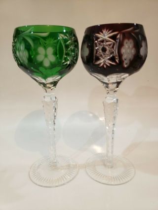 2 Vintage Nachtmann Traube Crystal Cut To Clear Wine Glasses 8 - 1/4 " Purple Green