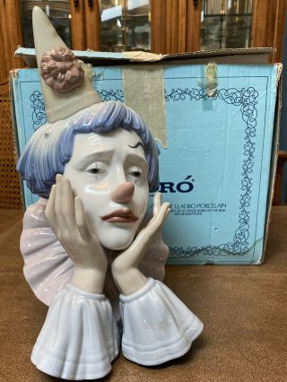 Large Lladro Authentic Vintage Clown Head Bust Sad Jester Figurine W/ Box 5.  129