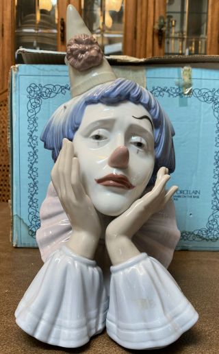 Large Lladro Authentic Vintage Clown Head Bust SAD JESTER Figurine w/ Box 5.  129 2