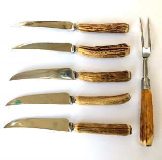 Vintage Lewis Rose And Co.  6 Pc Real Stag Horn Stainless Steak Knife & Fork Set