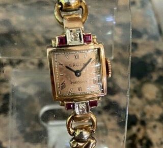 Vintage Gruen Precision Ladies 14k Rose Solid Gold Ruby And Diamond Watch
