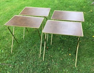 Vtg Folding Metal Tv Snack Tray Tables Wood Grain Vinyl Hardboard King Size