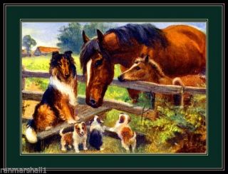 English Picture Print Collie Dog Puppy Dogs Horses Horse Vintage Poster Art