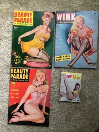 Vintage Pin Up Girl Magazines Beauty Parade Wink & He W/betty Page 1950s