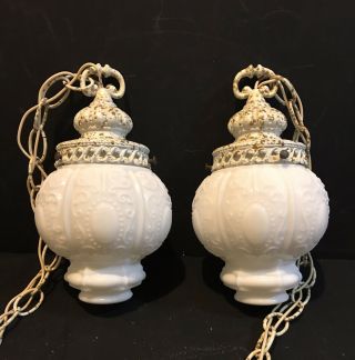 Vintage Swag Light Fixture Hanging Double Pendant Lamp White Glass Hollywood