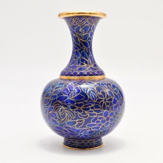 Vintage Chinese Export Cloisonné Enamel Multi Floral Brass Mount Blue Vase,