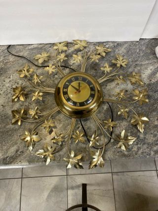 Vintage 23” Mid Century United Electric Wall Clock Starburst Leaf