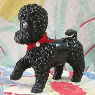 Black Plastic Poodle 4 " Vintage/retro/blow Mold/wiggle Eyes/collar & Rhinestone