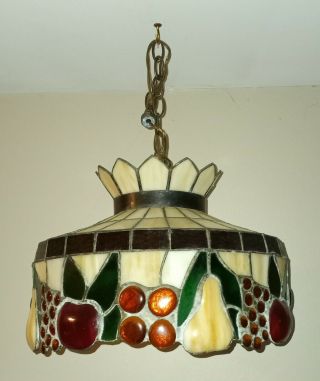 Vintage Tiffany Style Lead Hanging Stained Glass Ceiling Light -