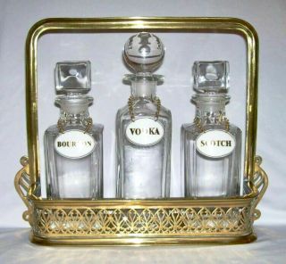 Vintage Quality Brass Wall - Mount Decanter Holder W/3 Decanters & Liquor Tags