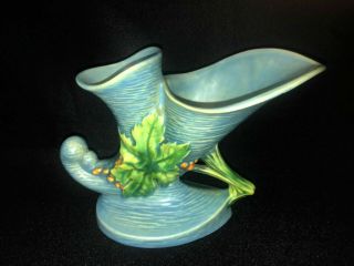 Vintage Roseville Pottery Blue Double Cornucopia Bushberry Pattern Vase 155 - 8 "