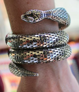 Vintage Whiting & Davis Signed Snake Serpent Bracelet Silver Tone Mesh 3 Coil