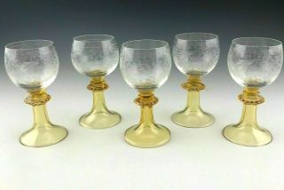 Vintage Bohemian Roemer 5 - 5/8 " Wine Goblets Etched Flowers Yellow Stem Set Of 5