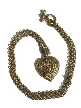 Vintage Large Signed Oscar De La Renta Gold Tone Heart Pendant Toggle Necklace