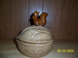 Vintage Ceramic Squirrel Walnut Candy Dish Nut Bowl Canister with Lid 6” Long 2