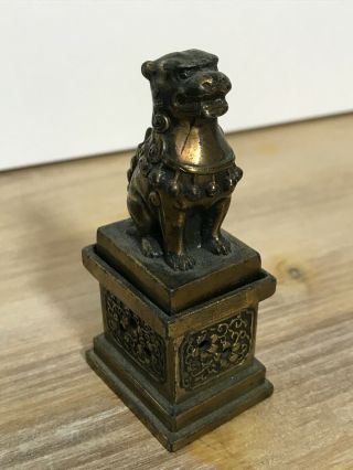 Foo Dog On Pedestal,  Dark - Vintage Metal Incense Burner - Made In Japan
