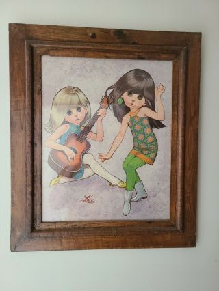 Vintage Lee Painting Print Art Go Go 1960`s Big Eye Girls Handmade Wood Frame