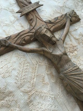 Vintage Large Wall Crucifix Folk Art Hand Carved Wooden Religious Primitive 25 "