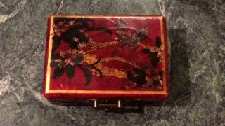 Antique Chinese Red Lacquered Box Beautifully Decorated With Birds & Foliage