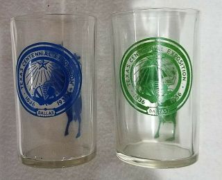 2 Juice Glasses Texas Centennial Exposition 1836 - 1936 Dallas,  Texas Blue & Green