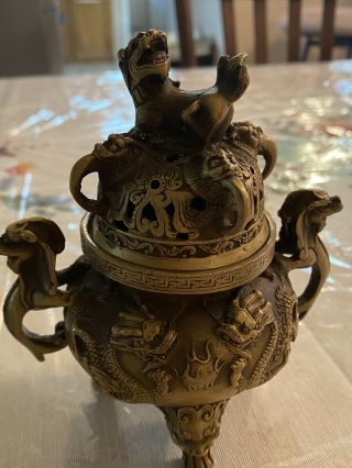 Old Chinese Brass Temple Beast Lion Foo Dog Dragon Statue Incense Burner Censer