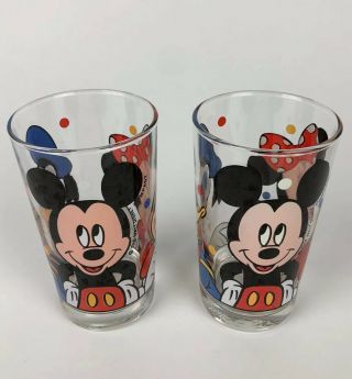 Mickey Minnie Mouse Donald Duck Disney 2 Glasses 6.  25 " Tall 16 Oz Anchor Hocking