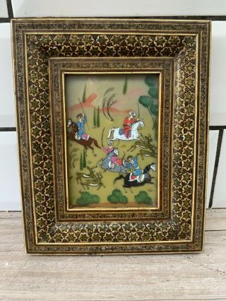 Antique Pakistan Reverse Painted Glass In Inlay Wood Frame Stunning