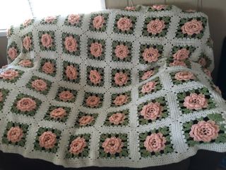 Vintage Handmade Crochet Blanket Afghan Granny Square 3d Rose 80 X 118
