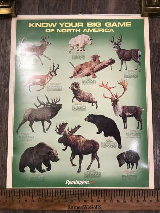 Vintage Remington Sportsman Know Your Big Game N America Metal Poster Guide 1973