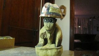 Vintage Hawaii Tiki Hand Carved Coconut Monkey Ape Gorilla Figurine & Helmet