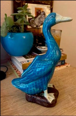 Chinese Mid Century Blue Porcelain Duck Figurine