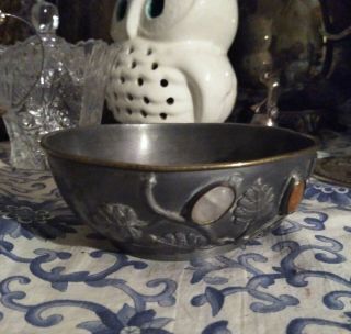 Fabulous Antique Chinese Pewter Bowl Wth Carnelian Jade Adornment