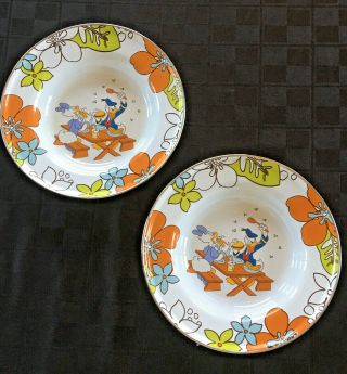 Vintage Disney Donald Duck & Daisy Picnic Enamel Tin Bowls Set Of 2