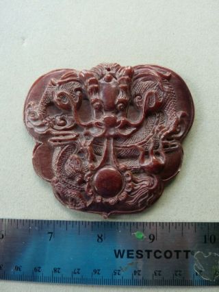 Chinese Oxblood Stone Carved Dragon Pendant 3 In.  X 3 1/4 In.