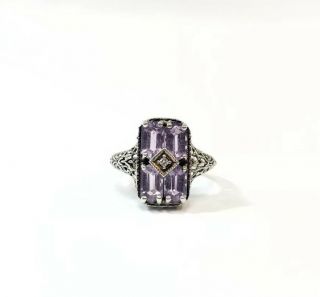 Art Deco Vintage Style Amethyst And Diamond Sterling Silver Ring Size 6