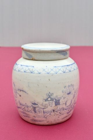 Antique C1870s Chinese Ginger Jar Hand Painted Blue & White Rural Scenes Boat