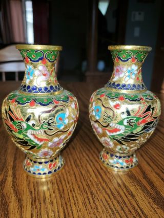 Vintage Chinese Cloisonne Dragon Vase/ Gold Multi Colorwith Dragon - Set Of 2