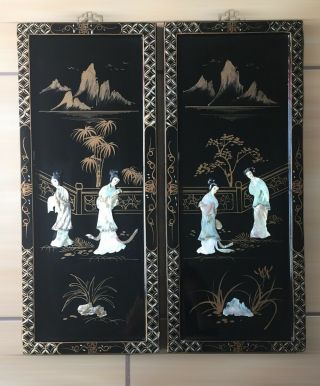 Set Of 2 Vintage Asian Black Lacquer Mother Of Pearl Wall Panels Art Asian Women