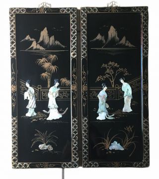 Set of 2 Vintage Asian Black Lacquer Mother of Pearl Wall Panels Art Asian Women 2