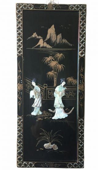 Set of 2 Vintage Asian Black Lacquer Mother of Pearl Wall Panels Art Asian Women 3